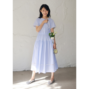 裙子夏季 连衣裙女宽松收腰长款 蕾丝花边圆领蓝色短袖 BLUEerror