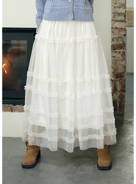 BLUEerror 高腰网纱木耳花边白色半身裙女加绒蛋糕裙长款纱裙冬季