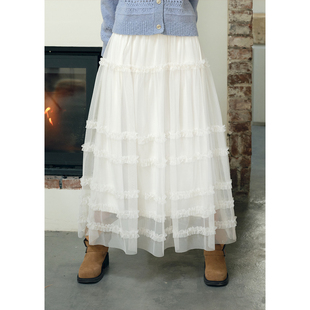 纱裙冬季 BLUEerror 高腰网纱木耳花边白色半身裙女加绒蛋糕裙长款