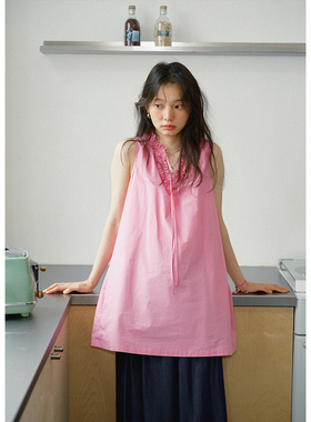 BLUEerror 纯棉花边领粉色背心连衣裙女宽松木耳边V领无袖裙子夏