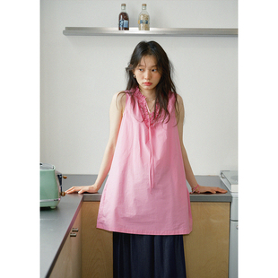 BLUEerror 裙子夏 纯棉花边领粉色背心连衣裙女宽松木耳边V领无袖