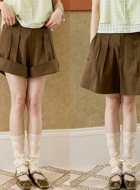 BLUEerror 砂洗翻边捏褶灰色休闲短裤女宽松慵懒裙裤夏季短款裤子