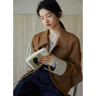 翻领皮衣夹克外套女春季 撞色卷边短款 棕色短外套 新款 BLUEerror