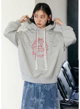 BLUEerror 刺绣图案灰色长袖连帽卫衣女休闲宽松慵懒叠穿上衣秋冬