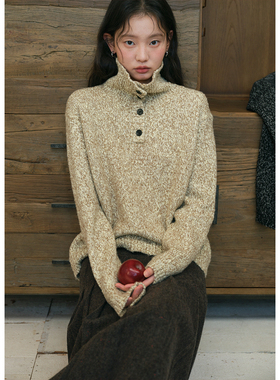 BLUEerror 杂色立领加厚保暖套头毛衣女宽松粗针法式慵懒针织衫冬