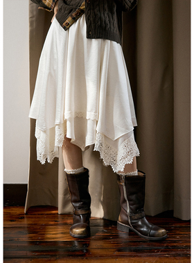 BLUEerror 蕾丝花边拼接缎面垂感白色半身裙女高腰不规则裙子冬季