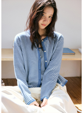 BLUEerror 全羊毛蓝色条纹针织开衫套装女法式慵懒圆领毛衣秋季