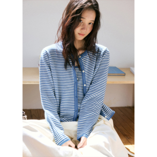 慵懒圆领毛衣秋季 BLUEerror 女法式 套装 全羊毛蓝色条纹针织开衫