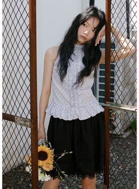 BLUEerror 木耳边露肩紫色波点挂脖背心女外穿无袖显瘦花边上衣夏