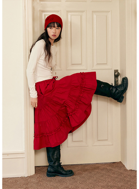 BLUEerror 新年红色 高腰下摆花边半身裙女蛋糕裙a字裙早秋裙子