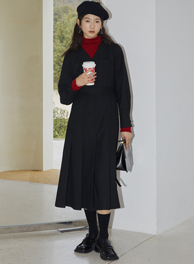 BLUEerror 宽松百搭v领磨毛收腰显瘦黑色衬衫连衣裙长款裙子春