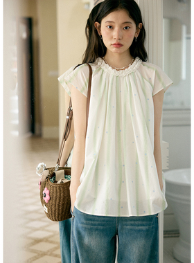 BLUEerror 星星印花圆领条纹短袖衬衫女法式纯棉花边领衬衣夏季