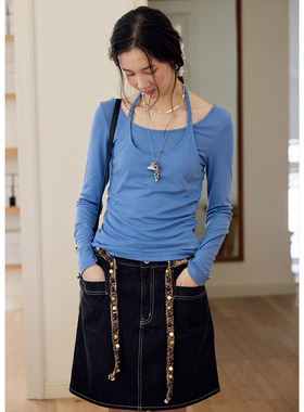 BLUEerror修身假两件挂脖蓝色长袖t恤女外穿显瘦上衣针织打底衫秋