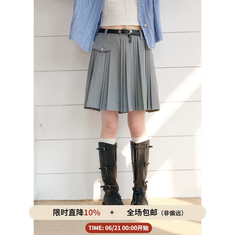 BLUEerror 不规则短款灰色百褶半身裙女高腰内衬a字短裙春季裙子