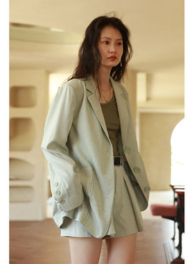 BLUEerror 宽松不对称绿色长袖西装外套女秋季休闲薄款质感西服