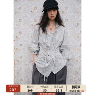 00新品 编织绳叠片荷叶边长袖 女绑带衬衣春季 格子衬衫