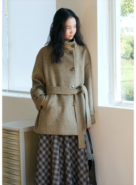 BLUEerror 法式立领保暖腰带灰色毛呢外套女气质羊毛呢子大衣秋季