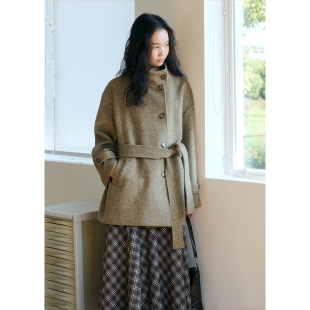 立领保暖腰带灰色毛呢外套女气质羊毛呢子大衣秋季 BLUEerror 法式