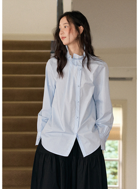 BLUEerror 宽松纯棉花边领长袖蓝色衬衫女法式慵懒立领衬衣秋季