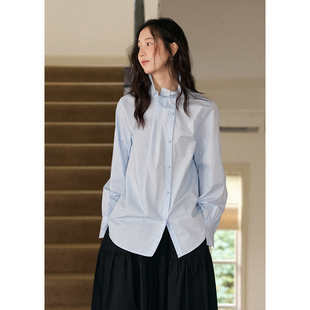慵懒立领衬衣秋季 BLUEerror 女法式 蓝色衬衫 宽松纯棉花边领长袖