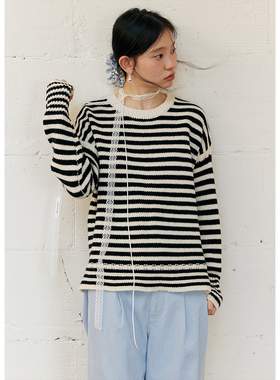 BLUEerror 全羊毛软糯红色条纹套头毛衣女慵懒圆领针织衫秋冬叠穿