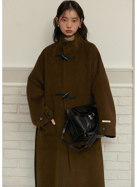 BLUEerror 宽松立领牛角扣长款黑色双面呢大衣女羊毛呢子外套冬季