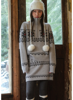 BLUEerror 山羊绒费尔岛提花高领拉链保暖毛衣女套头慵懒针织衫冬