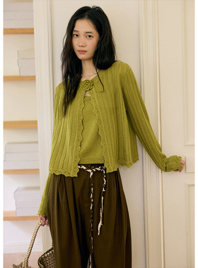 BLUEerror 立体花朵镂空钩花羊毛针织开衫女法式短款毛衣罩衫秋季