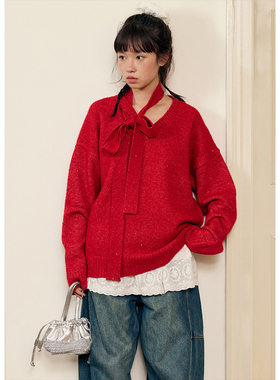 BLUEerror 新年红色亮片飘带V领宽松毛衣女慵懒保暖针织衫早秋