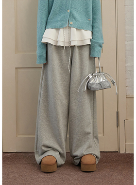 BLUEerror 高克重松紧腰针织灰色卫裤女休闲运动阔腿长裤春季裤子