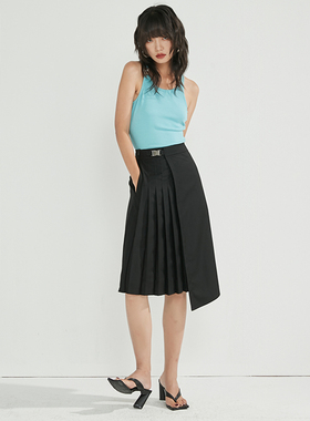 BLUEerror 宽松高腰显瘦黑色不规则半身裙女中长款a字百褶裙夏