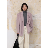 BLUEerror 呢子冬季 高织密纺羊驼毛双面呢紫色毛呢西装 外套女短款