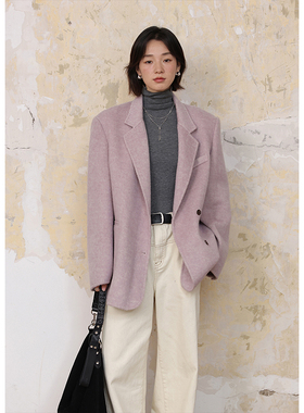 BLUEerror 高织密纺羊驼毛双面呢紫色毛呢西装外套女短款呢子冬季