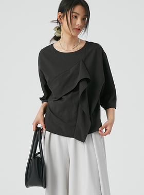 BLUEerror 宽松莫代尔纯色圆领黑色衬衫女上衣休闲短袖衬衣夏季