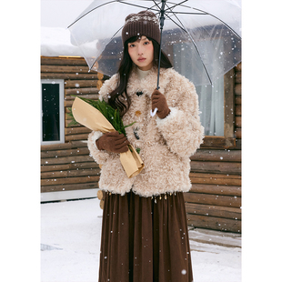 BLUEerror 阿尔巴卡环保毛绒皮草外套女毛茸茸驼色保暖上衣冬季