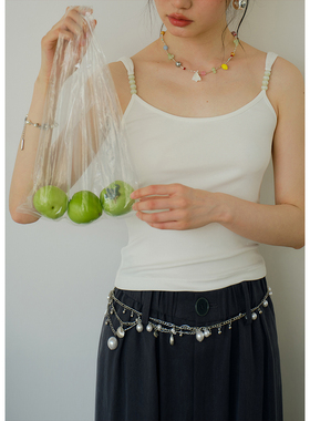 BLUEerror 串珠u领修身短款白色吊带背心女外穿显瘦针织上衣夏季