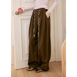 女松弛慵懒拖地休闲裤 绑带垂感棕色弯刀裤 子秋 宽松法式 BLUEerror