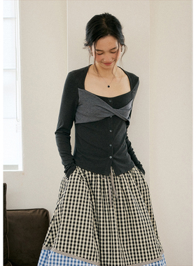 BLUEerror 显瘦假两件灰色长袖打底衫女t恤法式羊毛针织开衫秋季