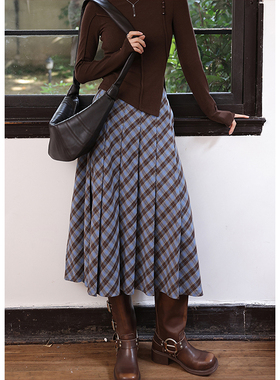 BLUEerror 显瘦高腰复古格子半身裙女伞裙格纹百褶裙长款秋季裙子
