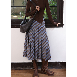 裙子 秋季 BLUEerror 显瘦高腰复古格子半身裙女伞裙格纹百褶裙长款