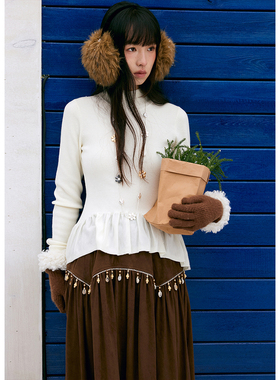 BLUEerror 美莉诺羊毛修身花边红色针织衫女套头打底衫冬季毛衣