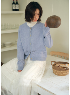 BLUEerror 全羊毛镂空圆领亲肤毛衣开衫女慵懒保暖短款针织衫冬季