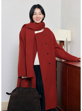 BLUEerror 围巾款新年红色双面呢大衣女中长款宽松毛呢外套秋冬