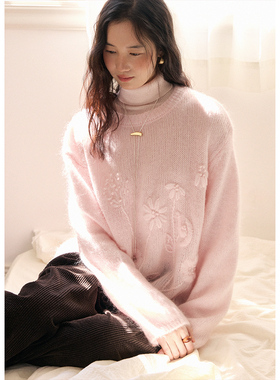 BLUEerror 软糯保暖钩花套头粉色圆领毛衣女法式羊毛慵懒针织衫冬