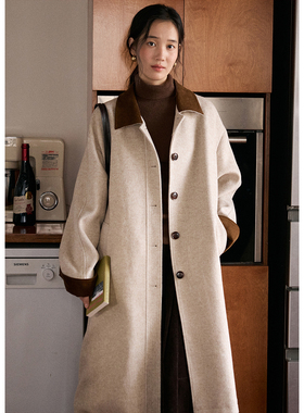 BLUEerror 法式翻领灰色长款毛呢外套女羊毛加厚保暖呢子大衣秋冬