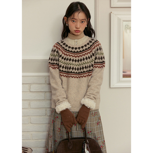 保暖 冬季 BLUEerror 慵懒费尔岛提花套头圆领毛衣女宽松羊毛针织衫