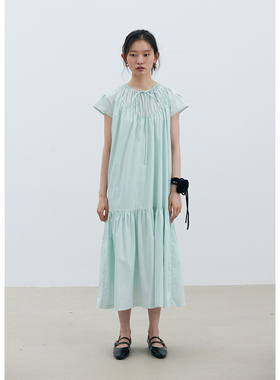 BLUEerror 薄荷曼波 高腰小飞袖圆领连衣裙女显瘦绿色短袖长裙夏