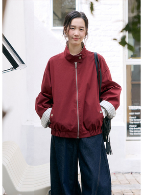 BLUEerror 宽松双面穿红色立领夹克女法式慵懒格子拉链外套秋季