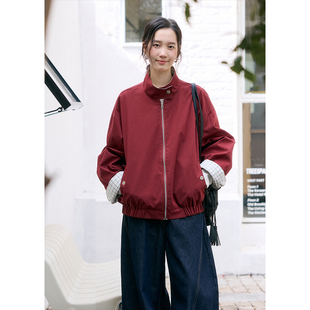 慵懒格子拉链外套秋季 BLUEerror 宽松双面穿红色立领夹克女法式