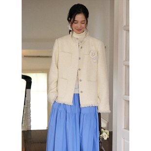 BLUEerror 圆领粗花呢白色小香风外套女宽松流苏毛呢保暖上衣秋冬